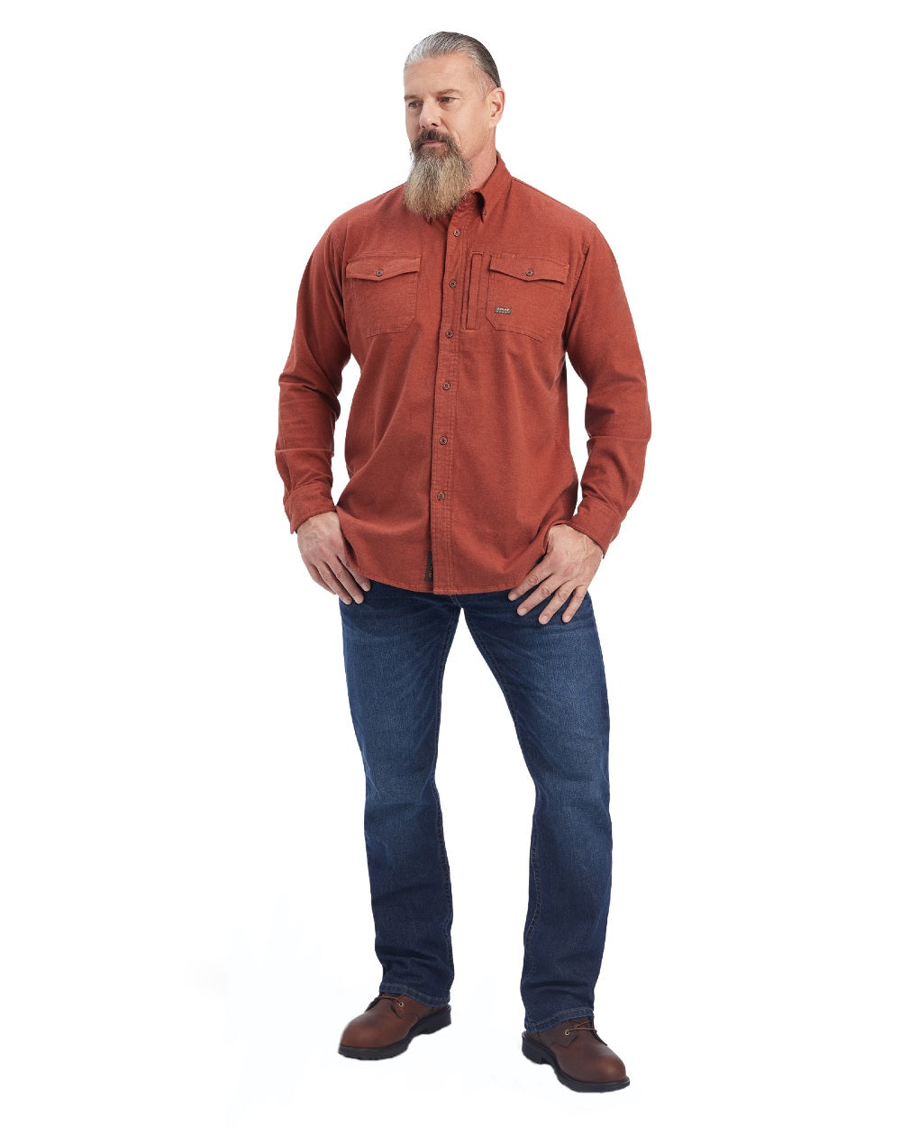 Cherry Mahogany coloured Ariat Rebar Flannel Durastretch Work Shirt on white background 