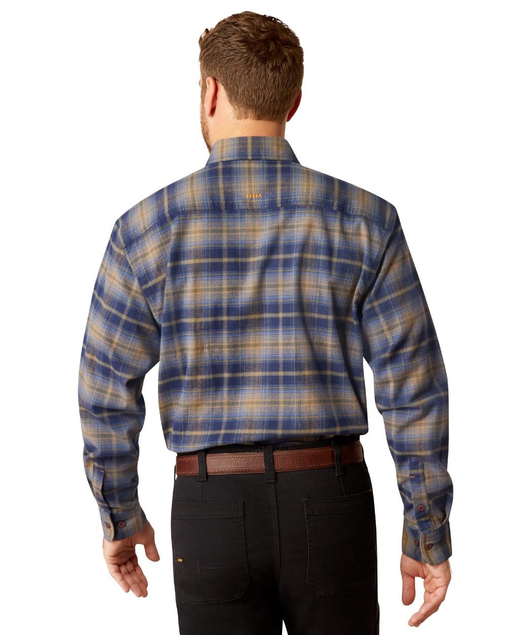 Navy Khaki coloured Ariat Mens Rebar Flannel Durastretch Long Sleeves Work Shirt on white background 