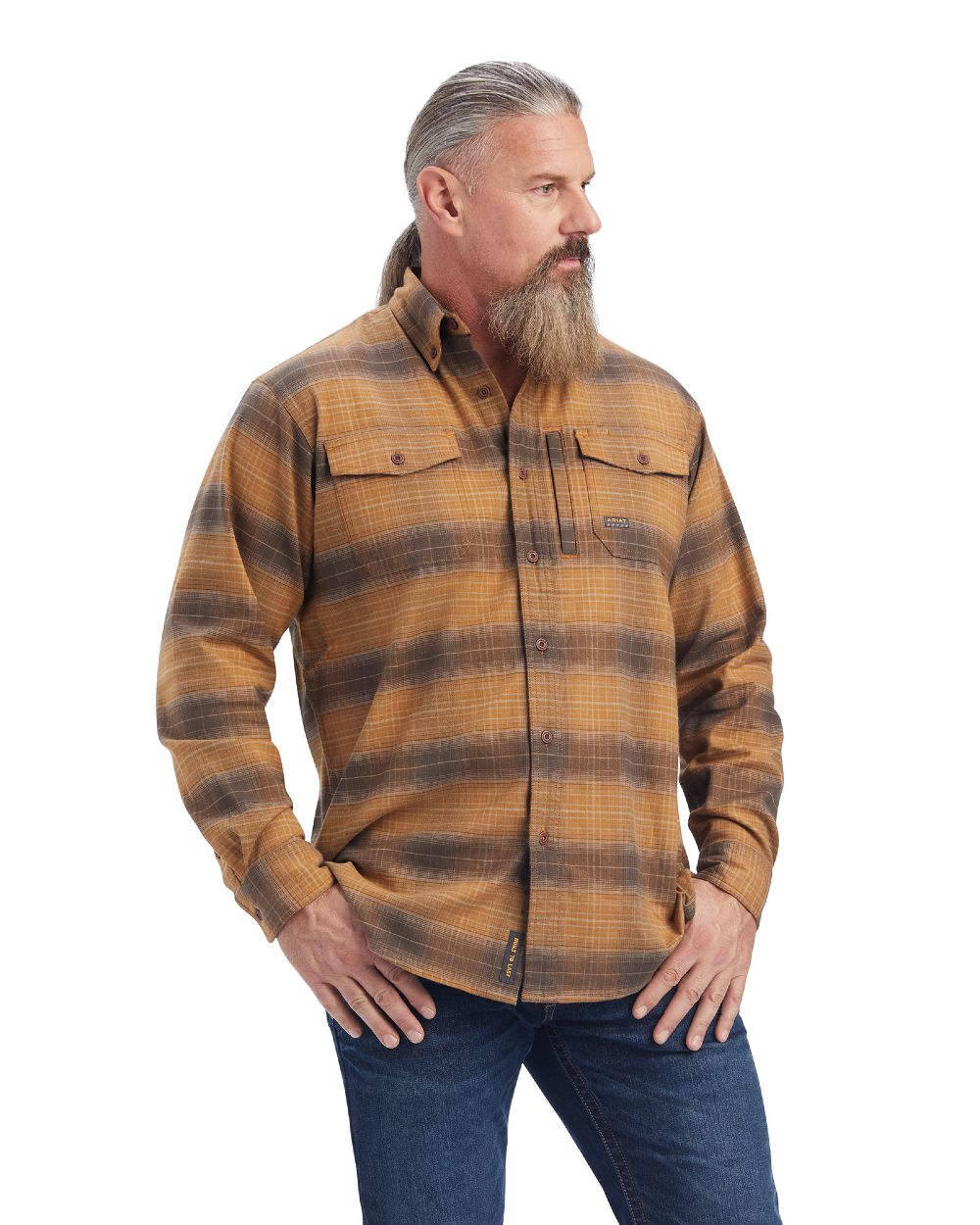 Sand coloured Ariat Rebar Flannel Durastretch Work Shirt on white background 