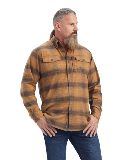 Sand coloured Ariat Rebar Flannel Durastretch Work Shirt on white background 