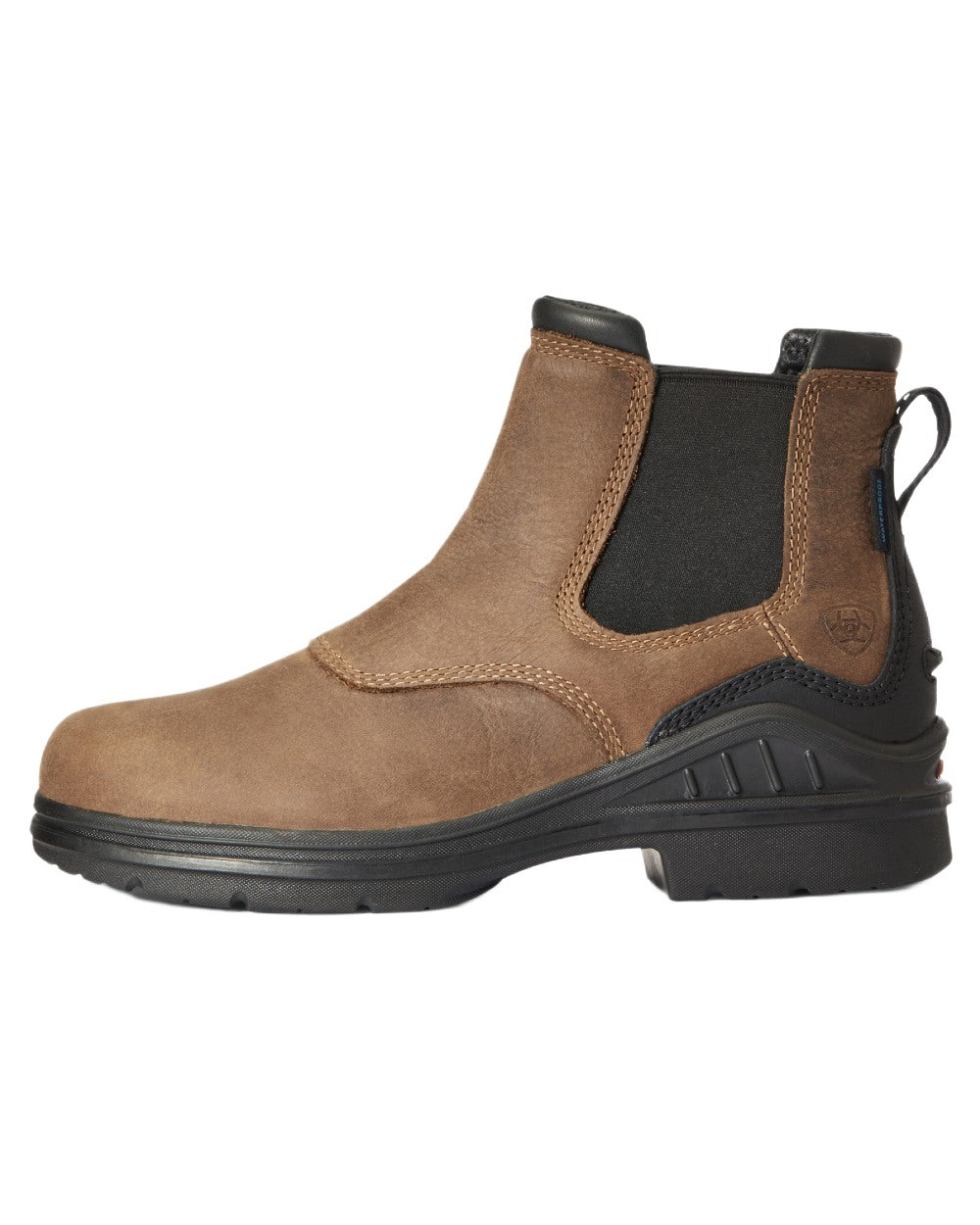 Antique Brown coloured Ariat Womens Barnyard Twin Gore II Waterproof Boot on white background 