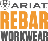 Ariat Rebar Workwear. Grey and orange text on light grey background logo.