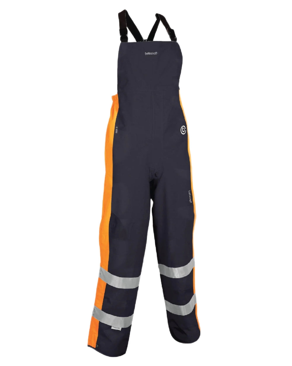 Fluoro Orange Navy Coloured Betacraft ISO940 Ranger Bib Overt Trousers on white background 