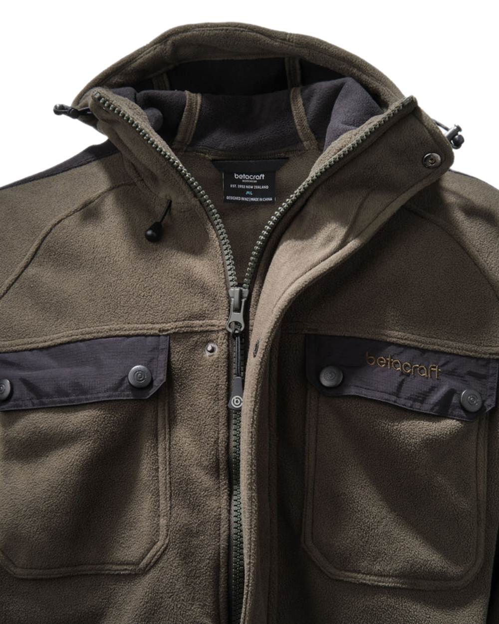 Dark Khaki coloured Betacraft Mens Zephyr Fleece Jacket on white background 