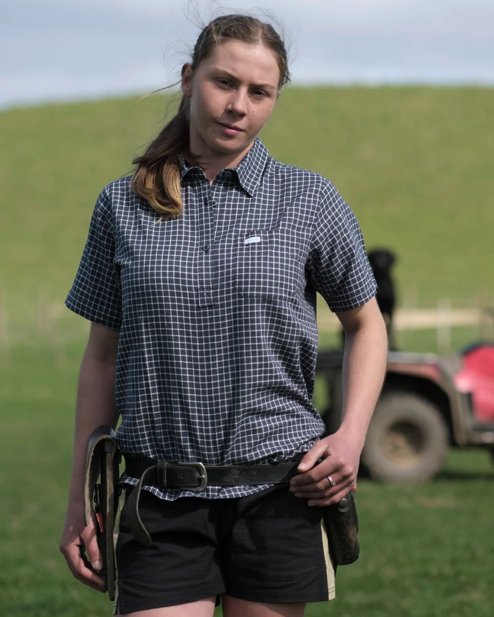 Dark Navy Cool Blue coloured Betacraft Station Shorts 3 on farm background 