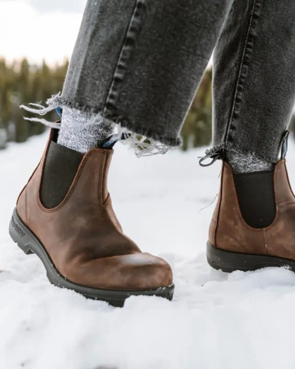 Antique Brown coloured Blundstone 1477 Antique Brown Waterproof Boots on snow background 