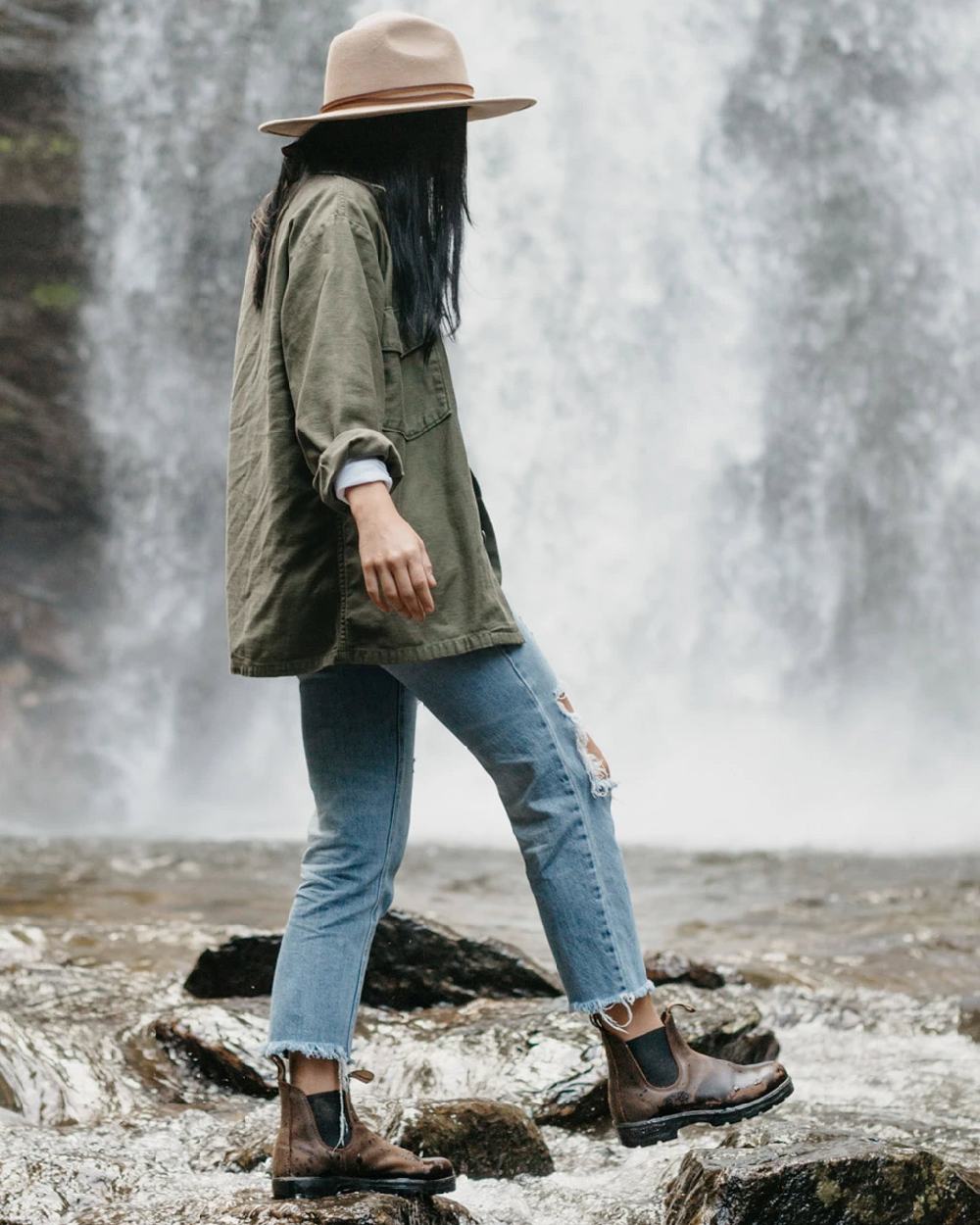 Antique brown coloured Blundstone 1609 Antique Brown Boots on waterfall background 