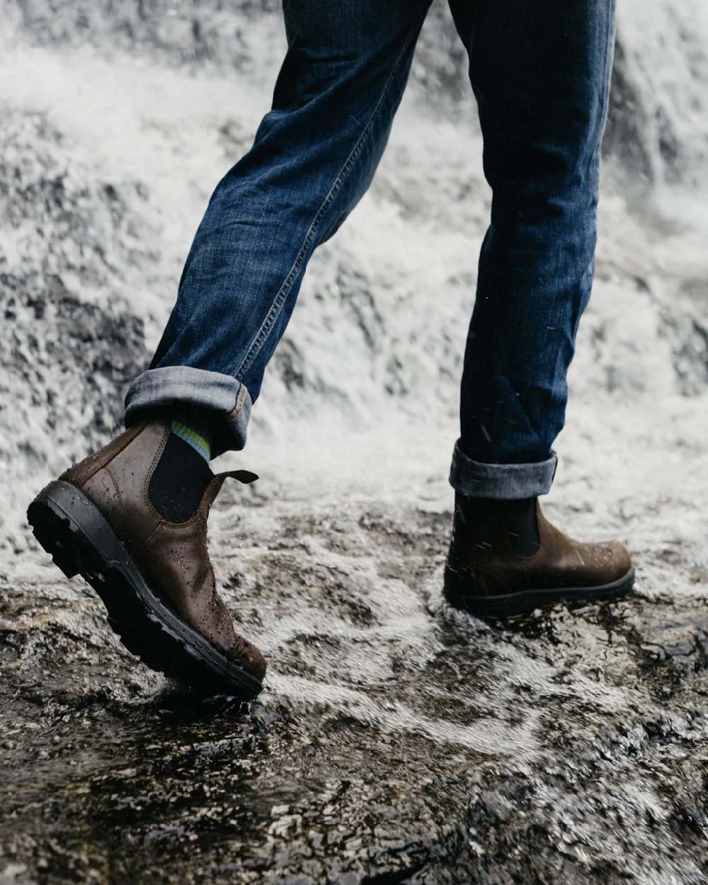 Antique brown coloured Blundstone 1609 Antique Brown Boots on waterfall background 