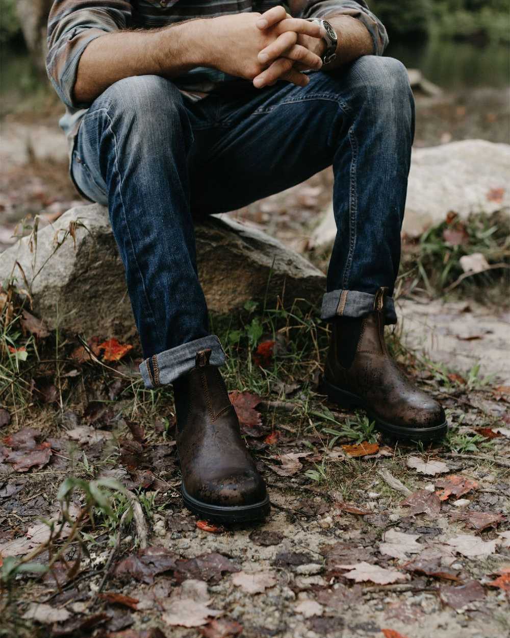 Antique brown coloured Blundstone 1609 Antique Brown Boots on forest background 