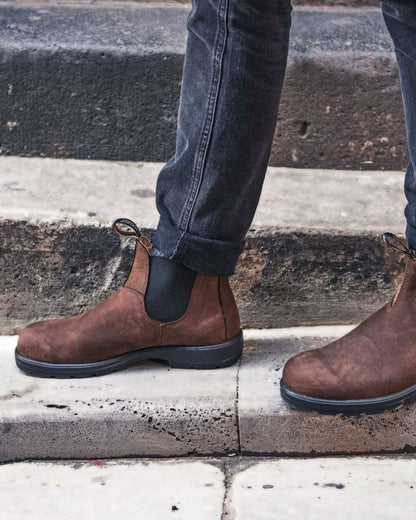 Antique brown coloured Blundstone 1609 Antique Brown Boots on stair background 