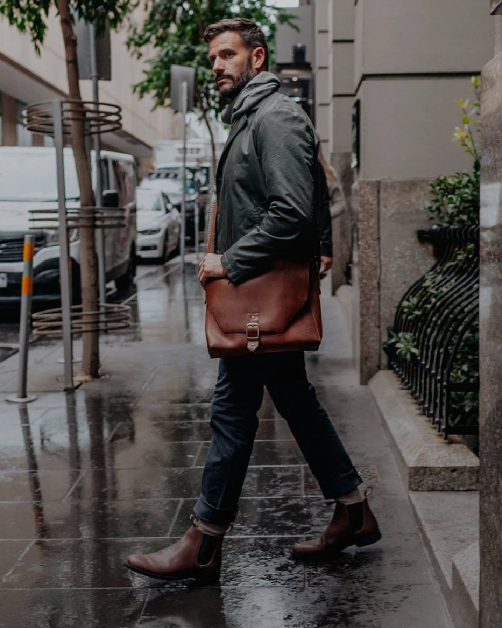 Chestnut Brown coloured Blundstone 1900 Chestnut Brown Dress Boots on street background 