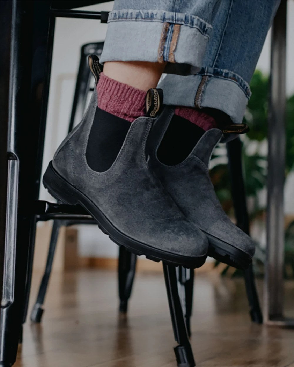 Steel Grey coloured Blundstone 1910 Steel Grey Suede Leather Chelsea Boots on house background 