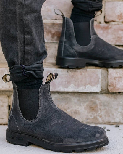 Steel Grey coloured Blundstone 1910 Steel Grey Suede Leather Chelsea Boots on stairs background 