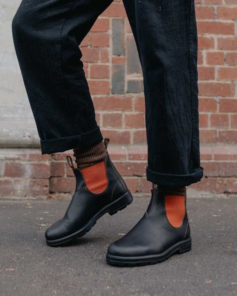 Brown Terracotta coloured Blundstone 1918 Brown Terracotta Chelsea Boots on street background 