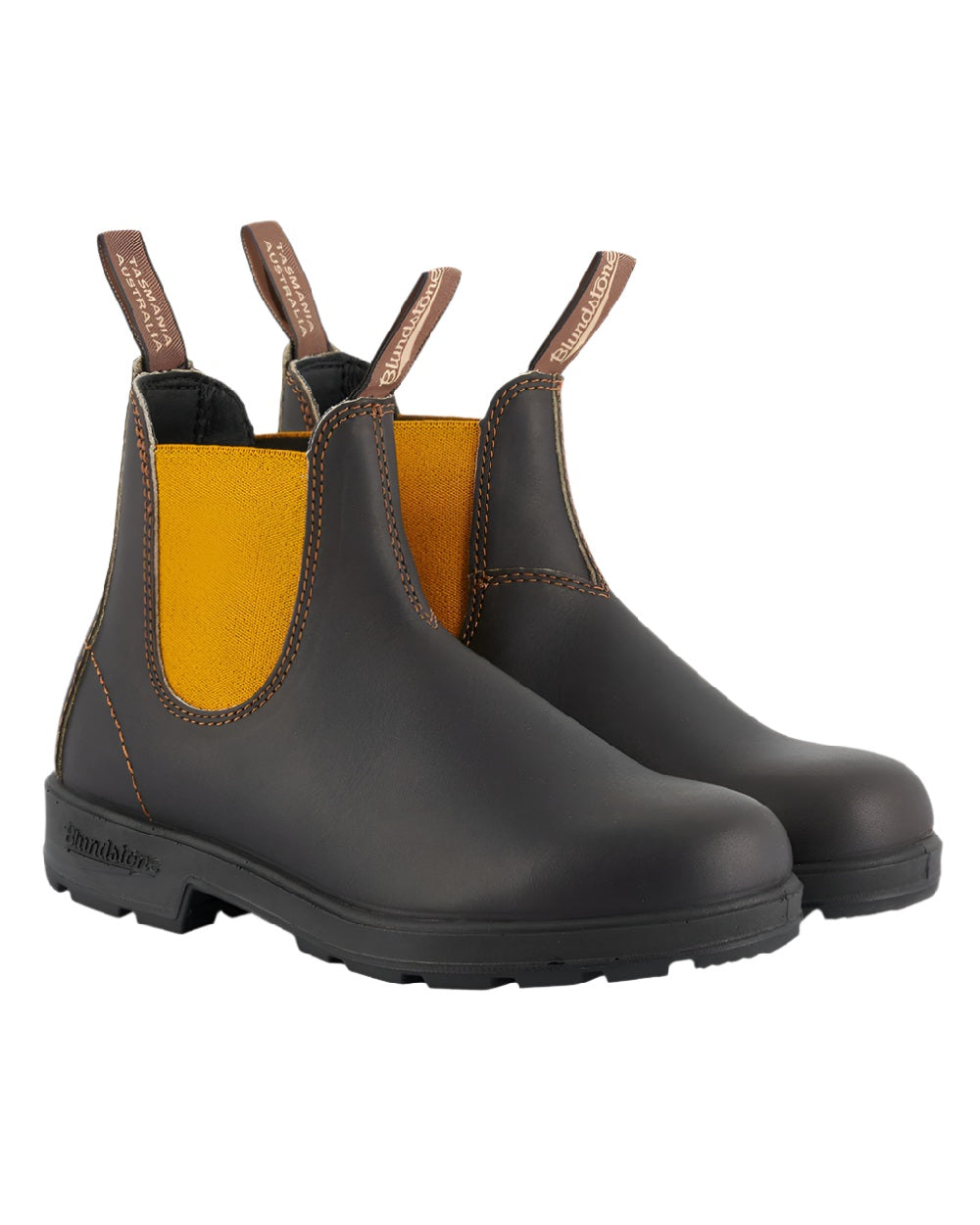 Dark Brown Mustard coloured Blundstone 1919 Dark Brown Mustard Leather Boots on white background 