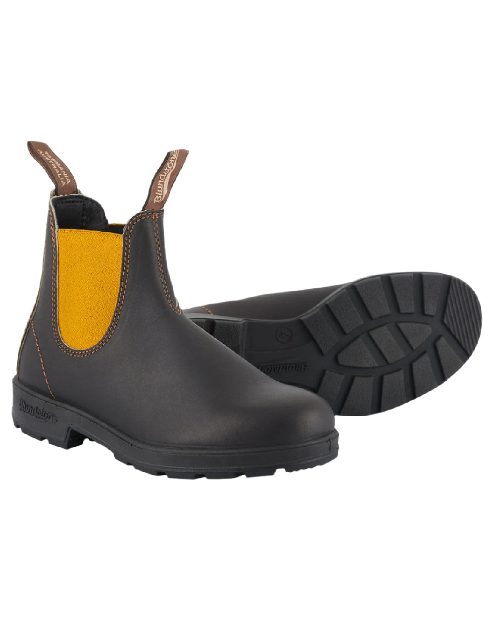 Dark Brown Mustard coloured Blundstone 1919 Dark Brown Mustard Leather Boots on white background 