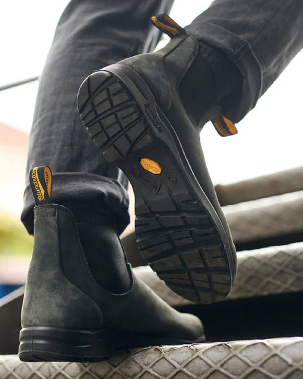 Rustic Black Coloured Blundstone 2055 Rustic Black Chelsea Boots on outdoor background 