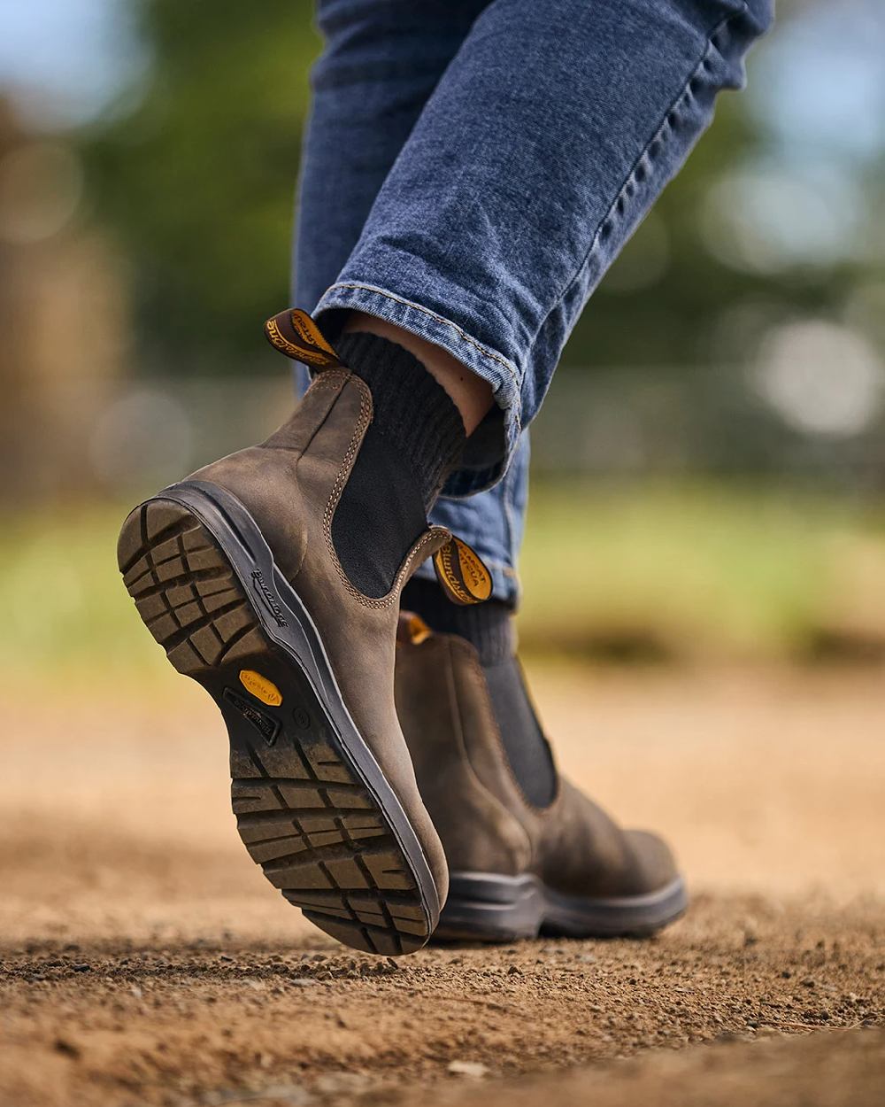 Rustic Brown Coloured Blundstone 2056 Rustic Brown Chelsea Boots on  outdoor background 