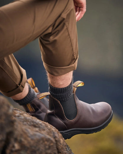 Cocoa Brown Coloured Blundstone 2057 Cocoa Brown Chelsea Boots on  outdoor background 