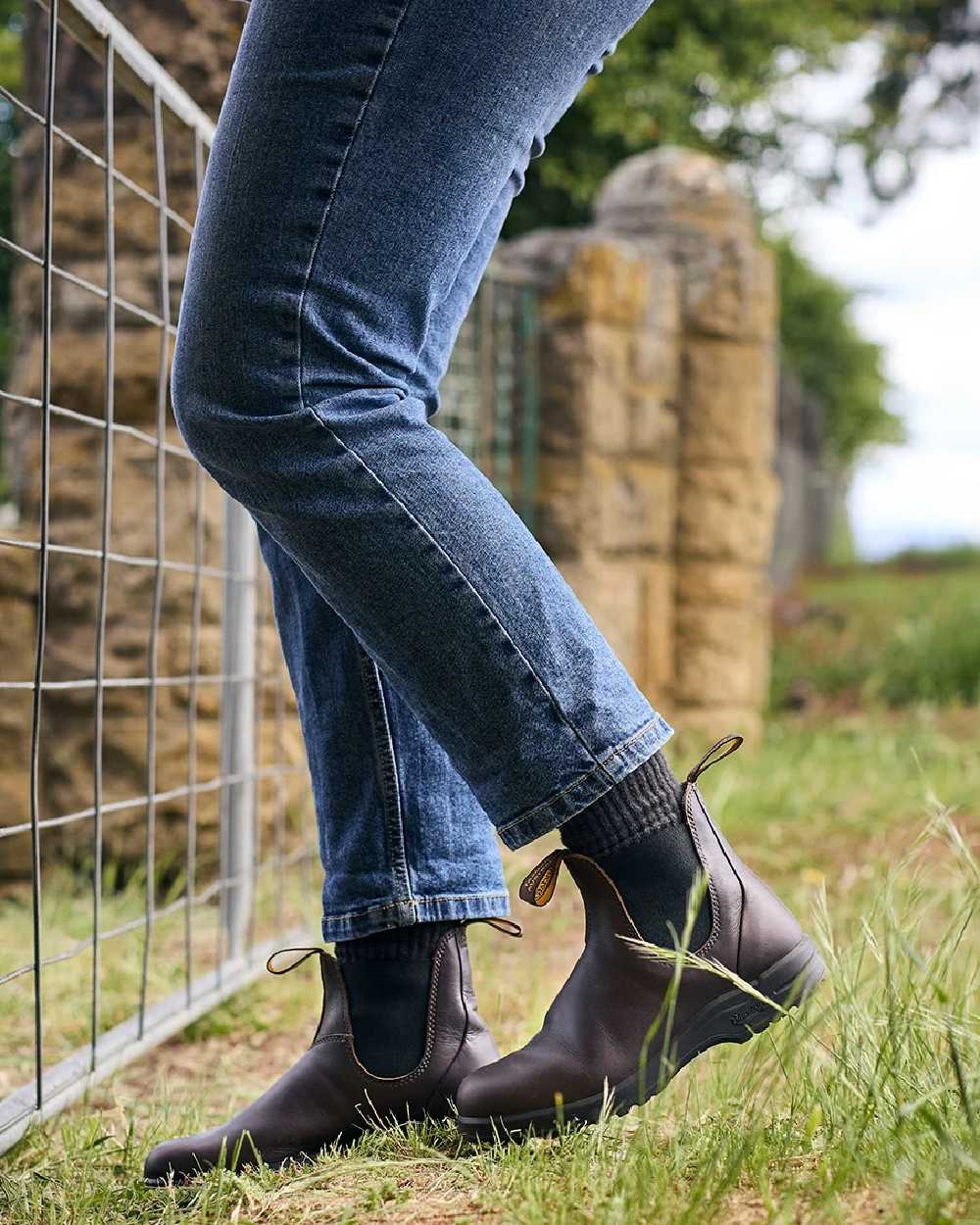 Cocoa Brown Coloured Blundstone 2057 Cocoa Brown Chelsea Boots on  outdoor background 