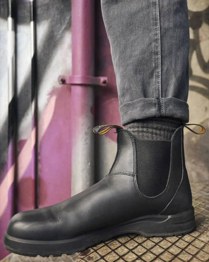 Black Coloured Blundstone 2058 Black Chelsea Boots on outdoor background 