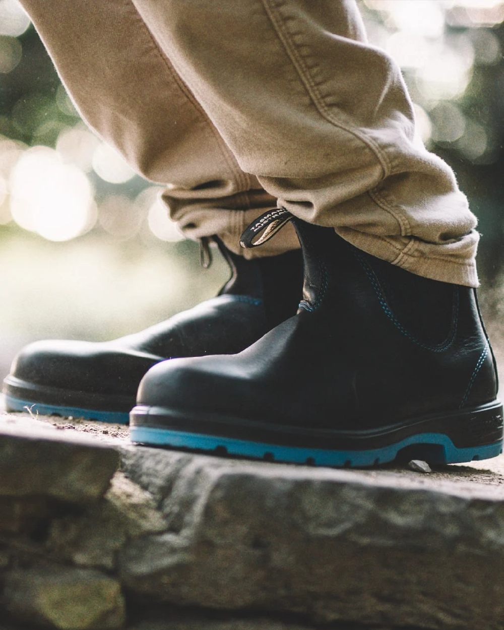 Black Blue Black Coloured Blundstone 2343 Black Blue Black Chelsea Boots on outdoor background 