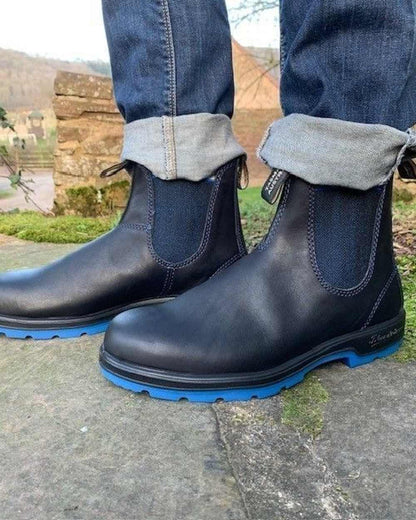 Black Blue Black Coloured Blundstone 2343 Black Blue Black Chelsea Boots on outdoor background 