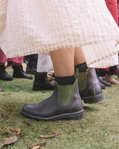 Stout Brown olive coloured Blundstone 519 Stout Brown Chelsea Boots on lawn background 