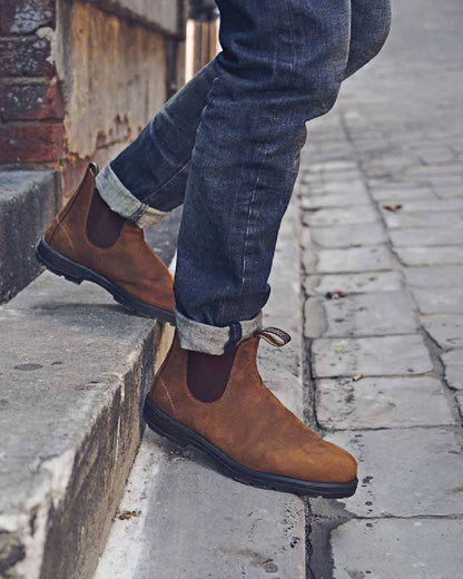 Saddle Brown coloured Blundstone 562 Saddle Brown Leather Boots on street background 