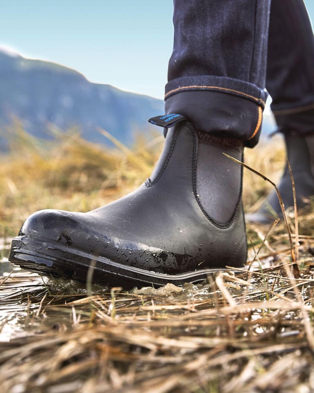 Black coloured Blundstone 566 Thermal Leather Chelsea Boots on forest background 