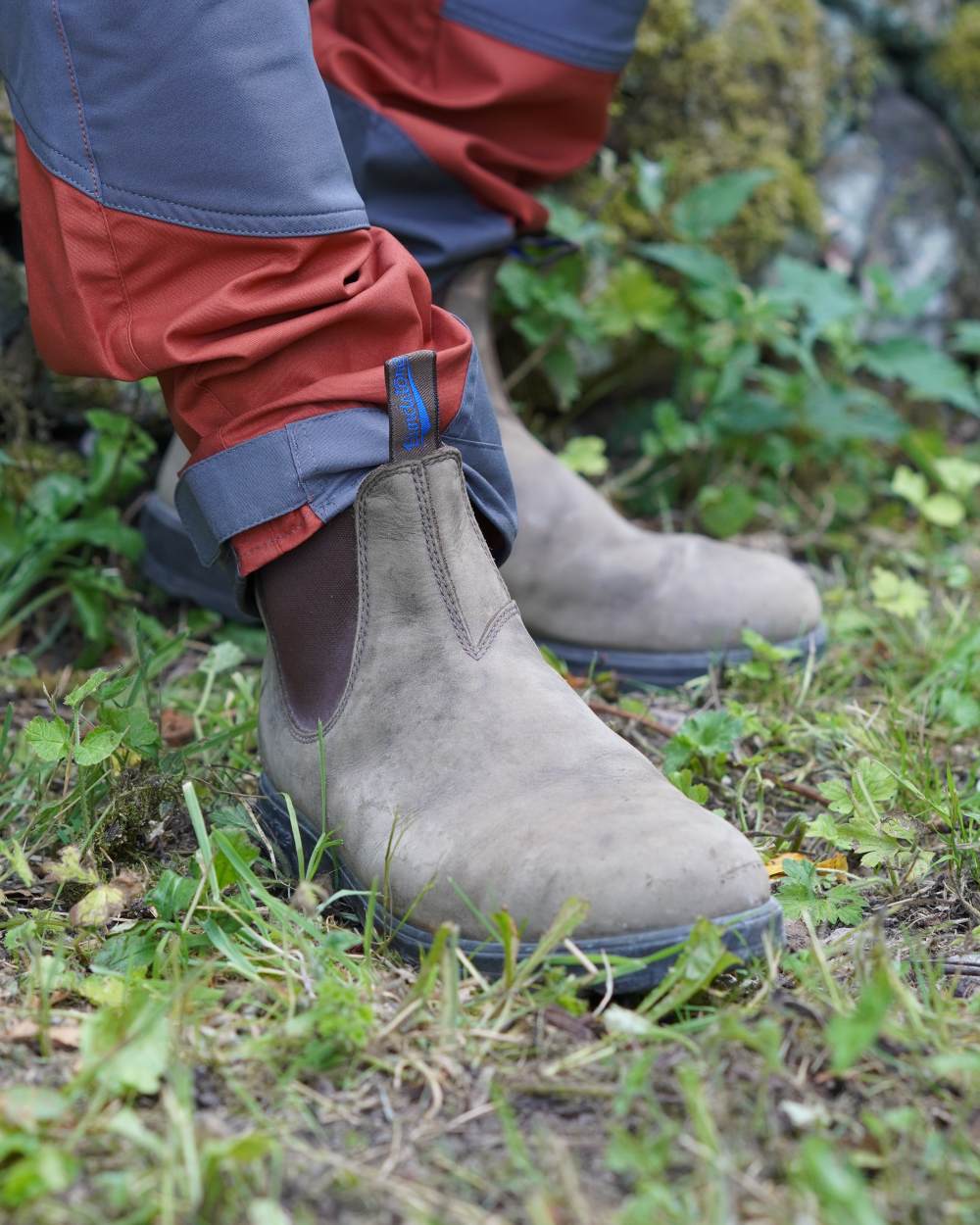 Rustic Brown coloured Blundstone 584 Rustic Brown Leather Chelsea Boots on farm background 