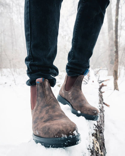 Rustic Brown coloured Blundstone 584 Waterproof Rustic Brown Leather on snow background 