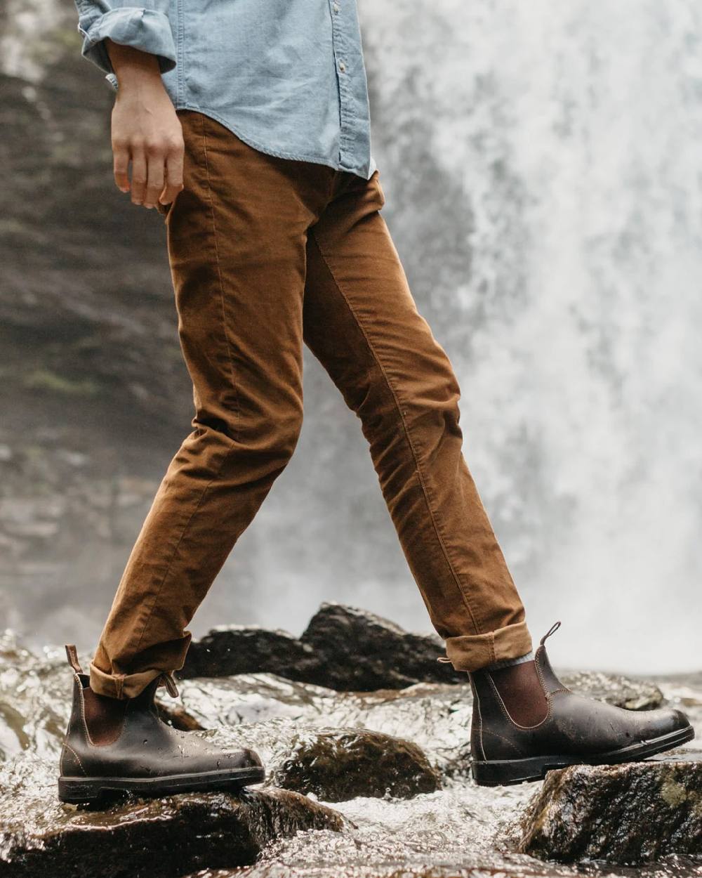 Stout Brown coloured Blundstone Original 500 Chelsea Boots on waterfall background 