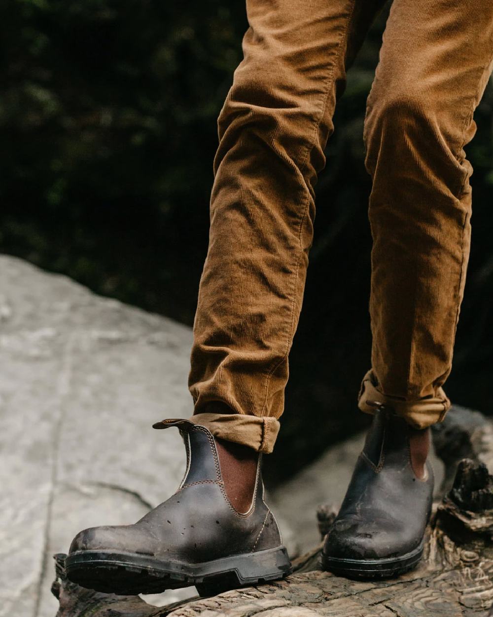 Stout Brown coloured Blundstone Original 500 Chelsea Boots on waterfall background 