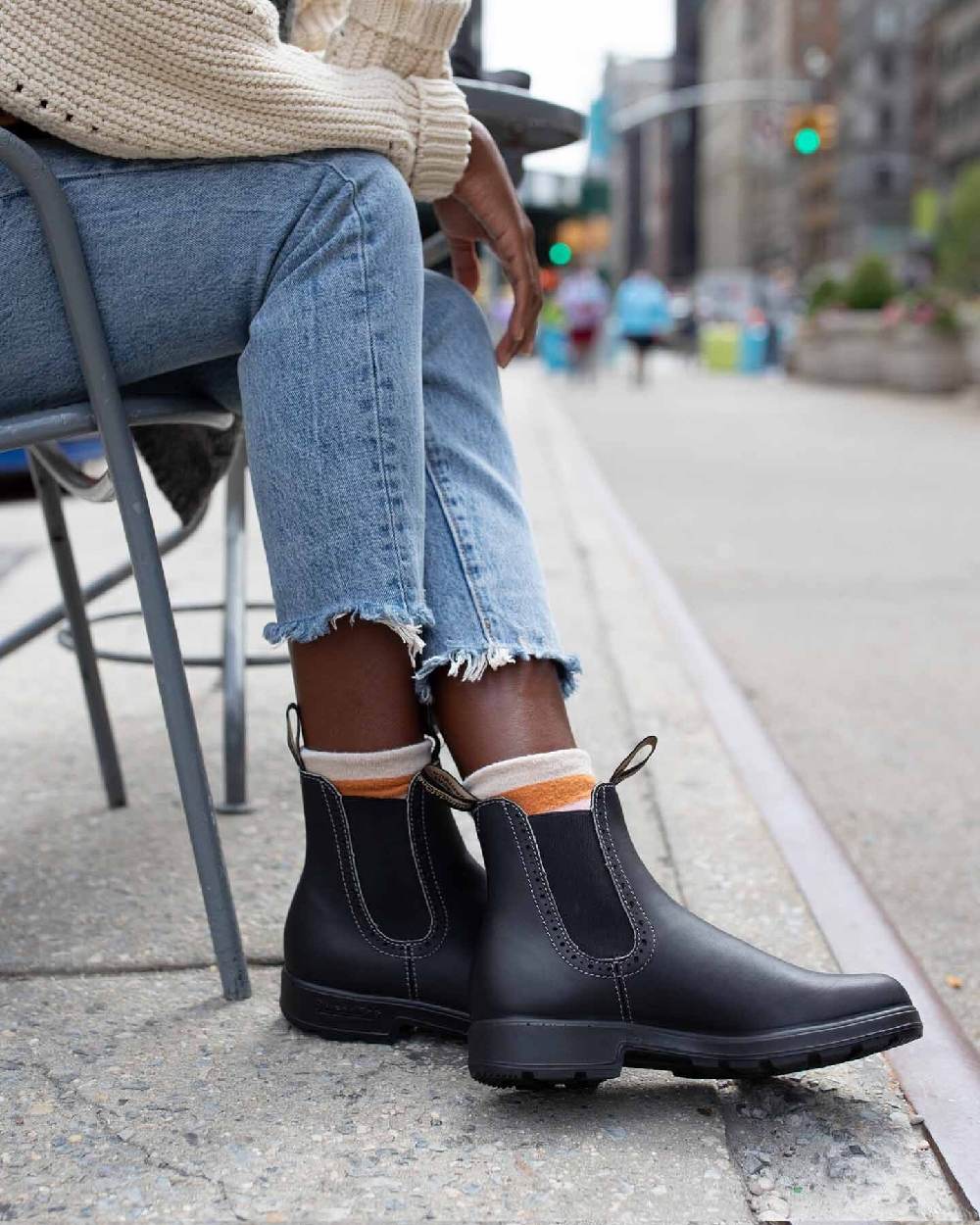 Black Coloured Blundstone Womens 1448 Black Chelsea Boots on outdoor background