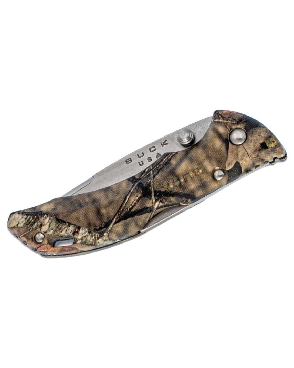 Green Camo coloured Buck 284 Bantam BBW Knife on white background 