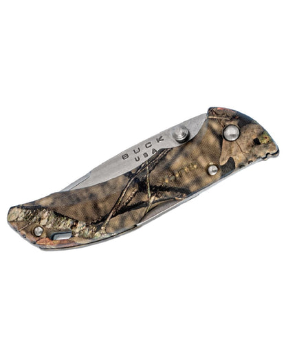 Green Camo coloured Buck 284 Bantam BBW Knife on white background 