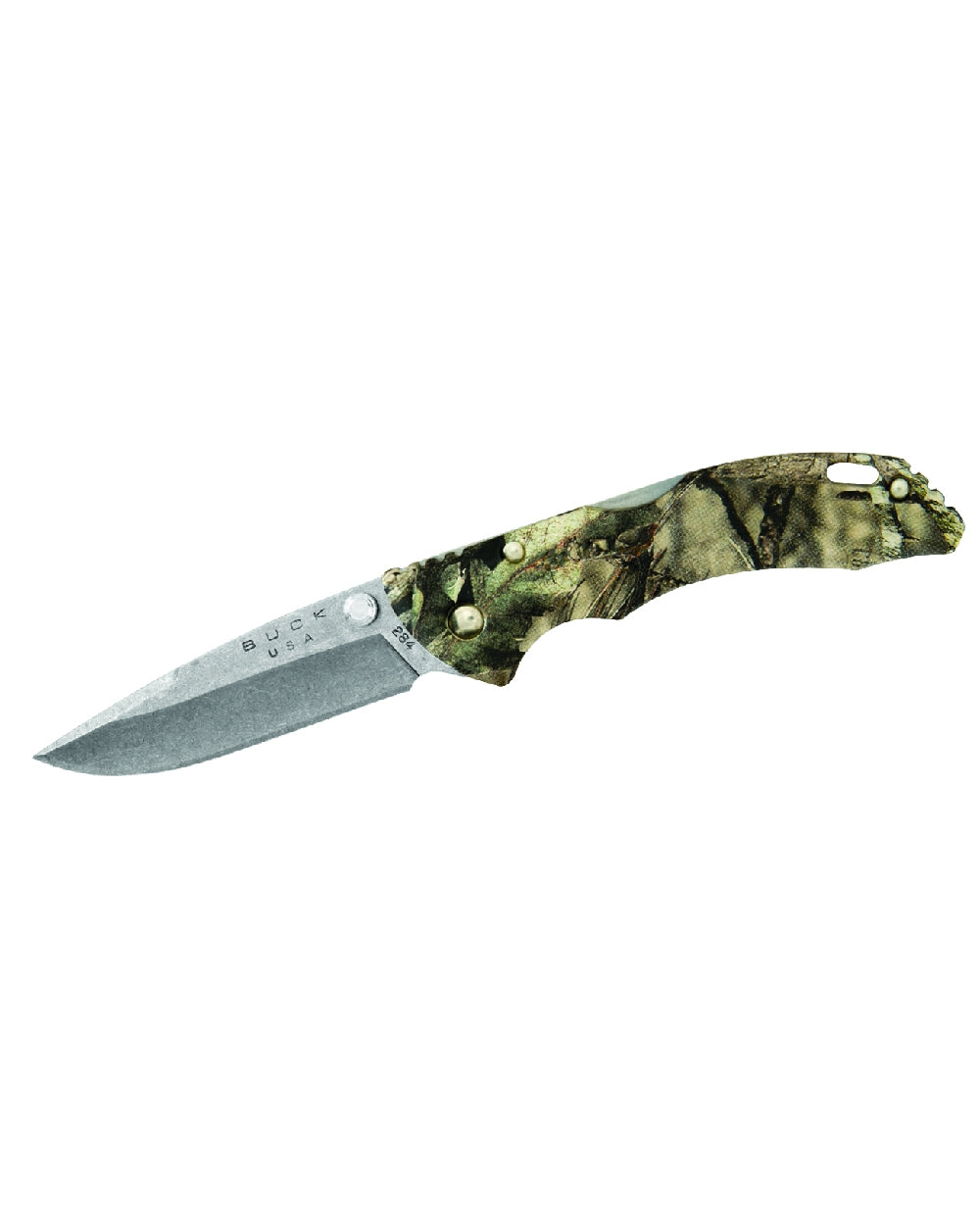 Green Camo coloured Buck 284 Bantam BBW Knife on white background 