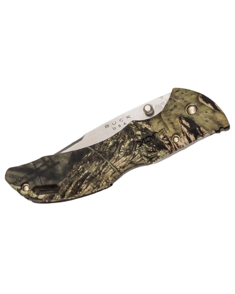 Green Camo coloured Buck Bantam BLW Knife on white background 