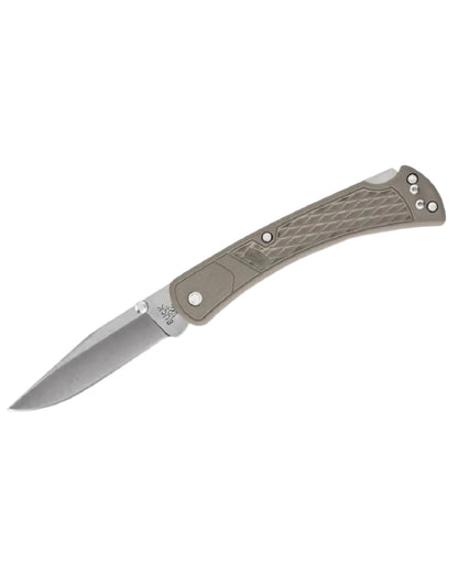 Tan coloured Buck Folding Hunter Slim Knife on white background 