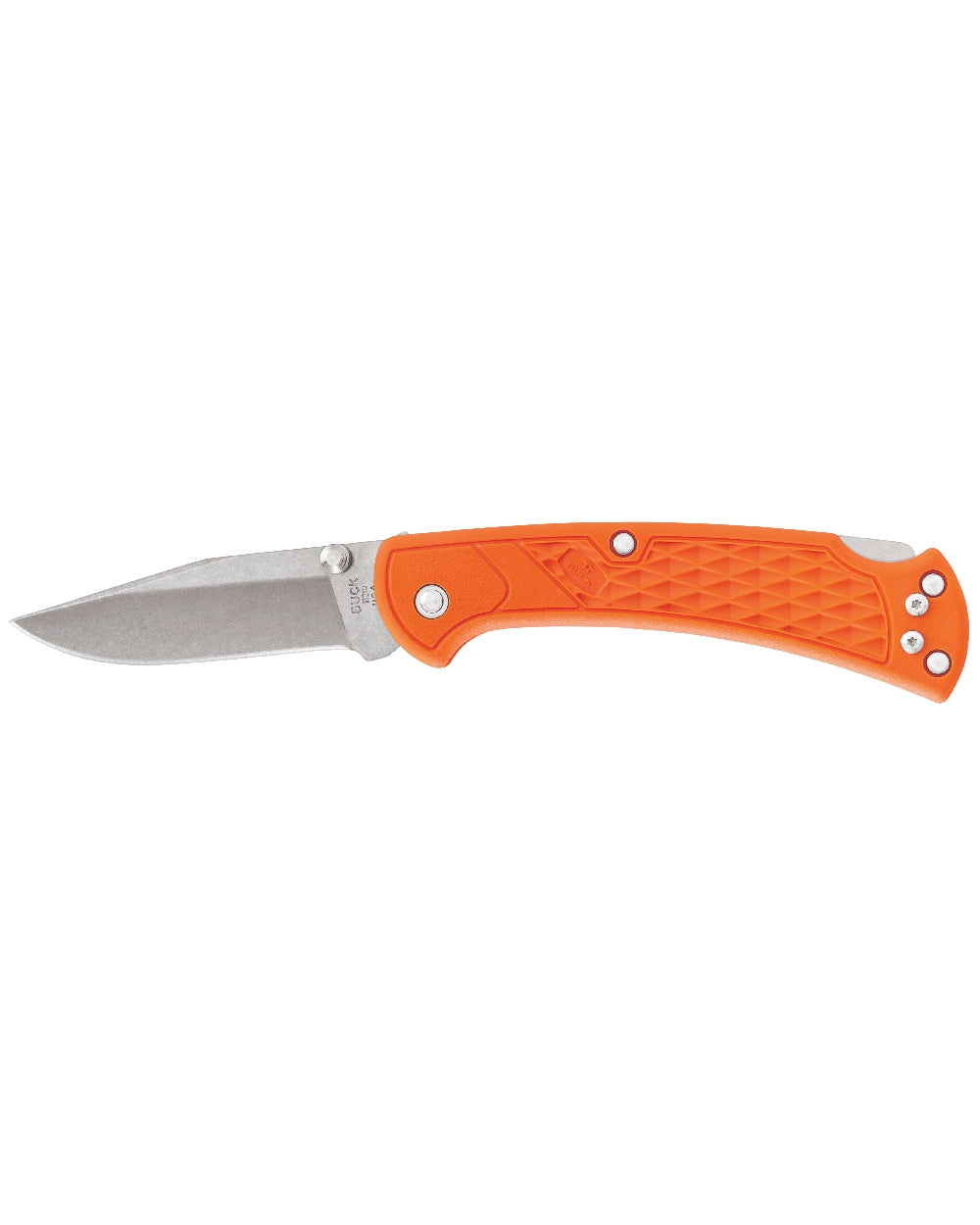 Orange coloured Buck Ranger Slim Select Knife on white background 