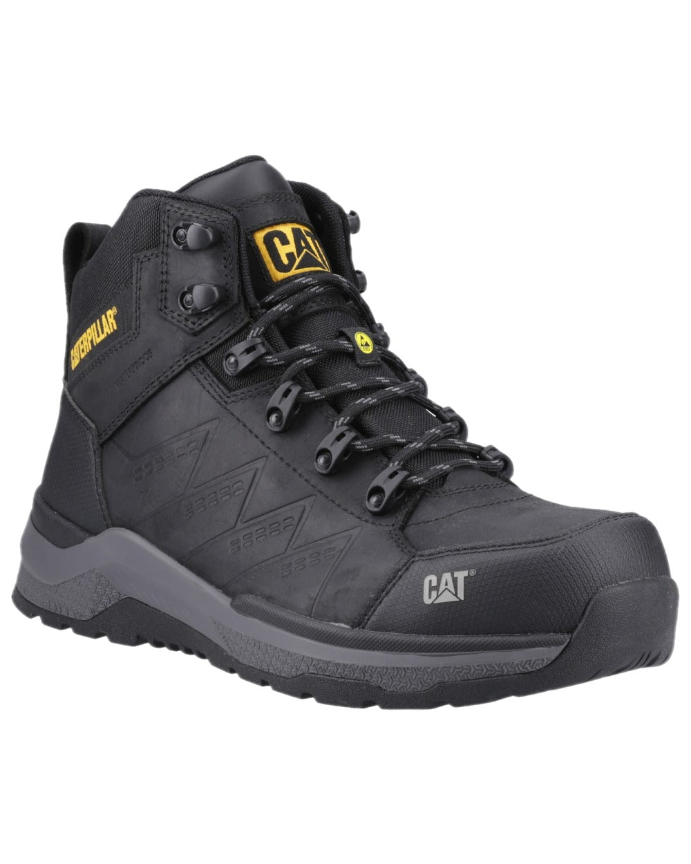 Black Coloured Caterpillar Mens Inductor Leather Mid Safety Boots on white background 