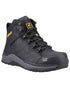 Black Coloured Caterpillar Mens Inductor Leather Mid Safety Boots on white background 