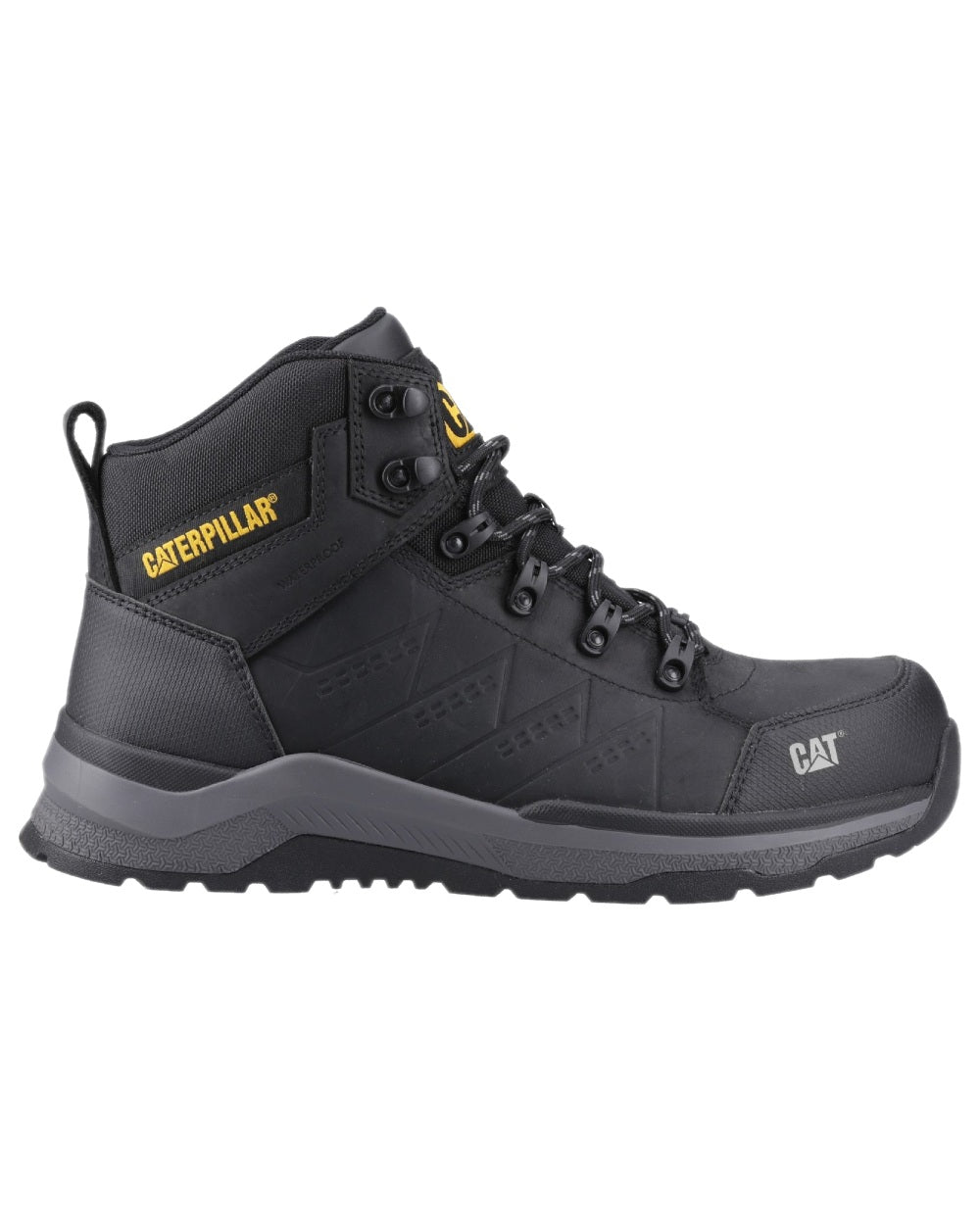 Black Coloured Caterpillar Mens Inductor Leather Mid Safety Boots on white background 