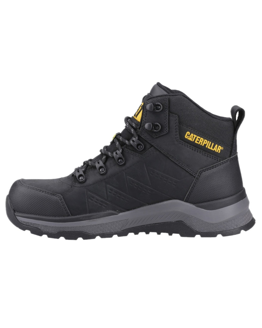 Black Coloured Caterpillar Mens Inductor Leather Mid Safety Boots on white background 