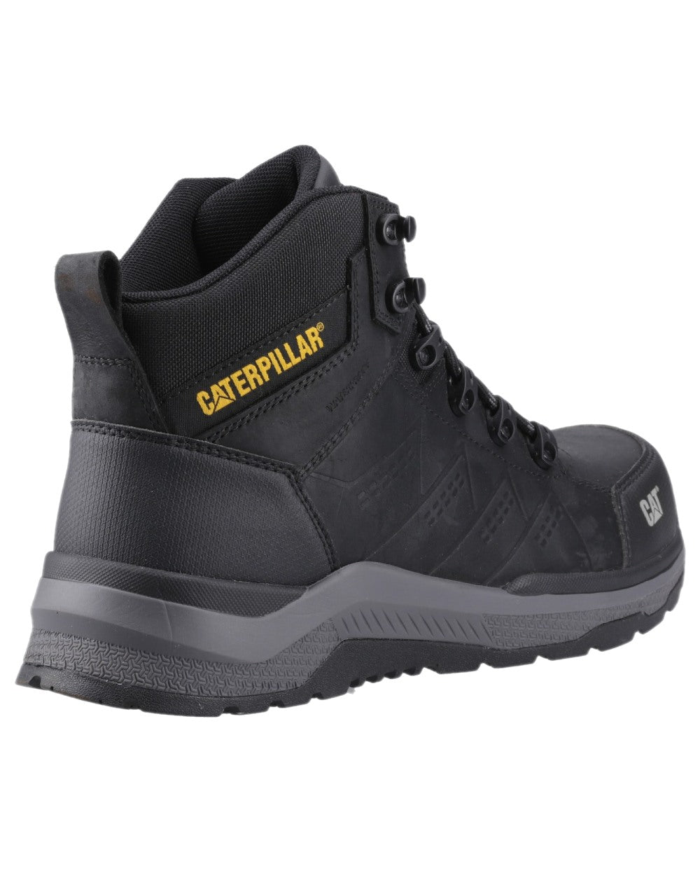 Black Coloured Caterpillar Mens Inductor Leather Mid Safety Boots on white background 