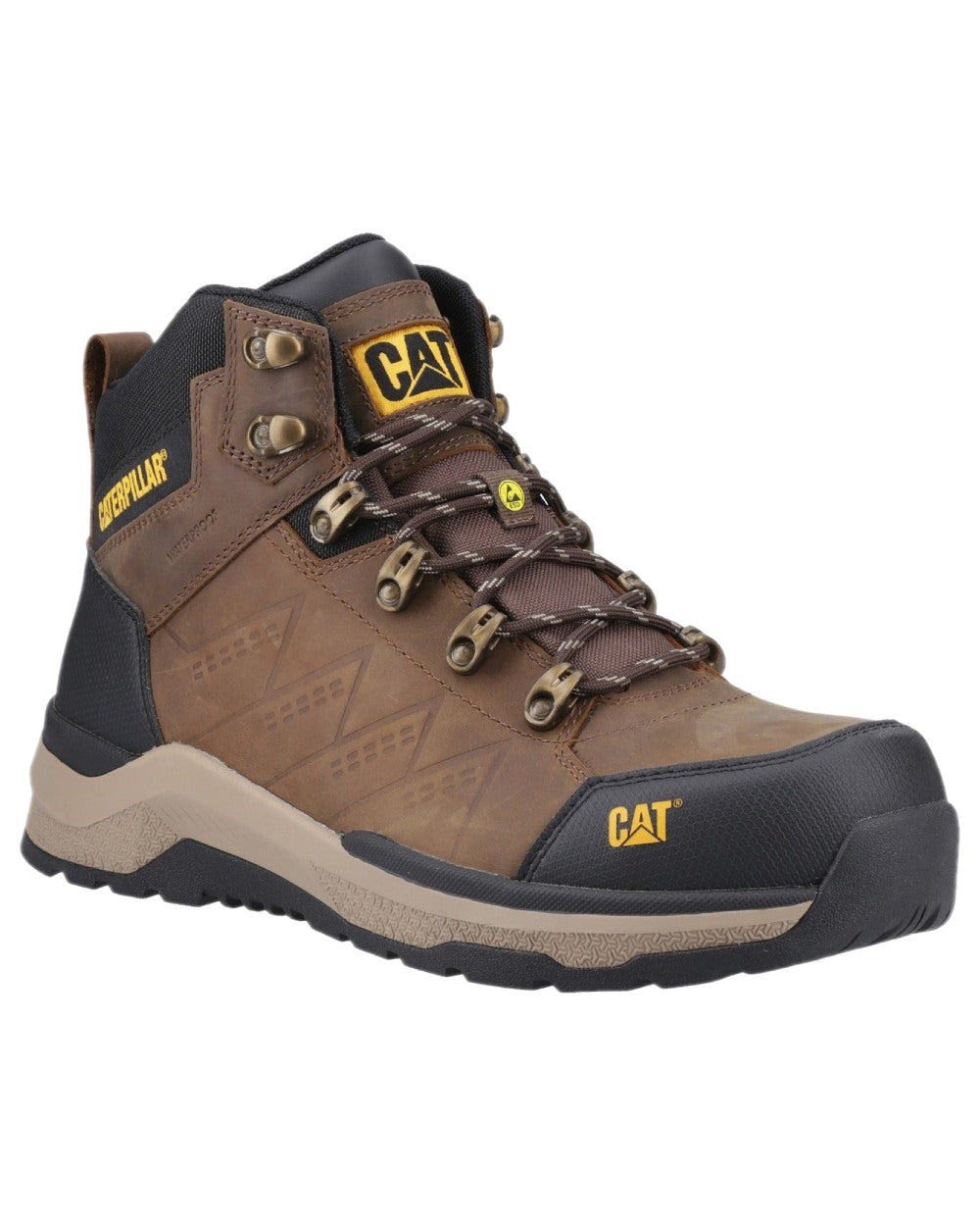 Brown Coloured Caterpillar Mens Inductor Leather Mid Safety Boots on white background 