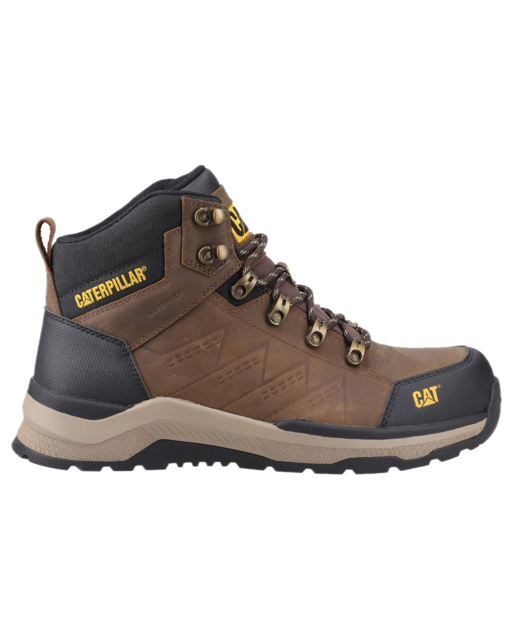 Brown Coloured Caterpillar Mens Inductor Leather Mid Safety Boots on white background 