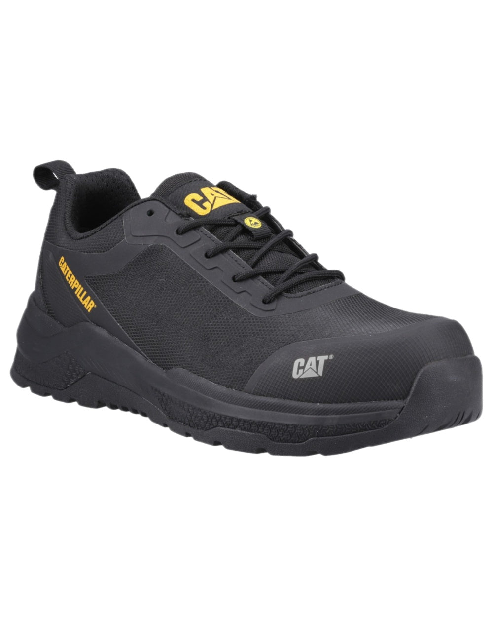Black Coloured Caterpillar Mens Inductor Mesh Low Safety Trainer on white background 