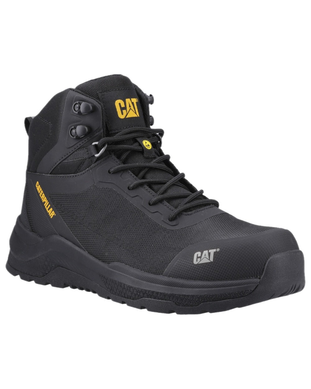 Black Coloured Caterpillar Mens Inductor Mesh Mid Safety Boots on white background 